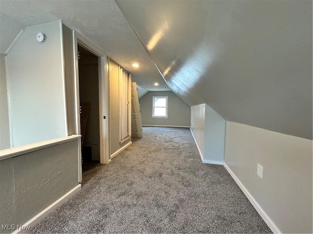 additional living space with carpet flooring, lofted ceiling, and a textured ceiling