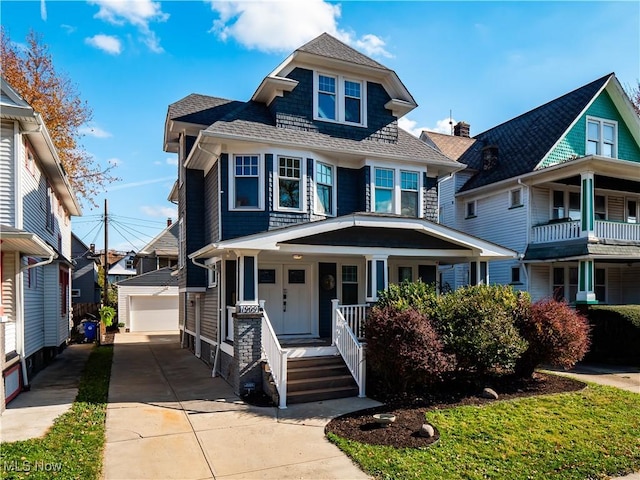 view of front of home with covered porch, a garage, and an outdoor structure