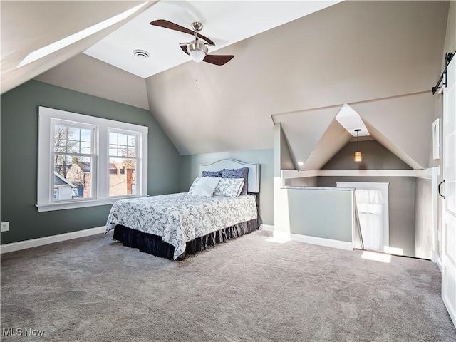 bedroom featuring carpet, ceiling fan, and lofted ceiling