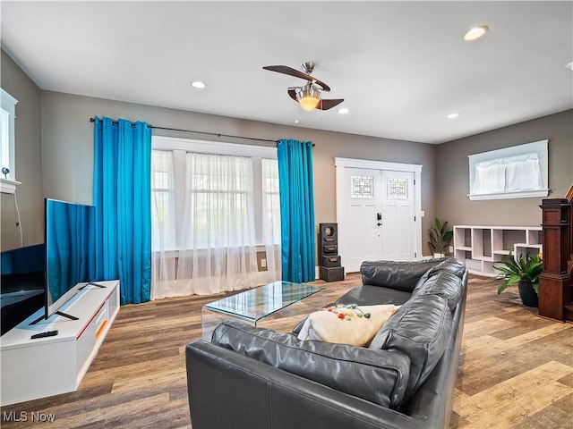 living room with ceiling fan and wood-type flooring