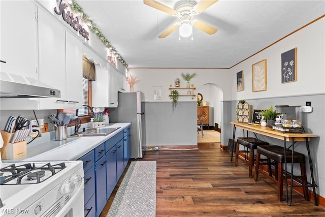 kitchen featuring dark hardwood / wood-style flooring, ceiling fan, sink, blue cabinetry, and white cabinetry