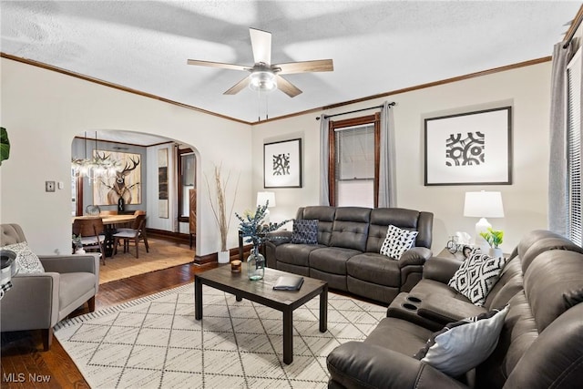 living room with crown molding, ceiling fan with notable chandelier, light hardwood / wood-style floors, and a textured ceiling