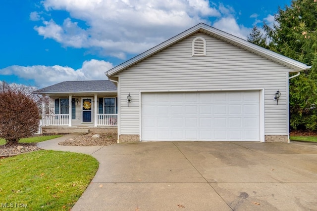 ranch-style house with a porch and a garage