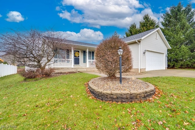 ranch-style house with a porch, a garage, and a front lawn