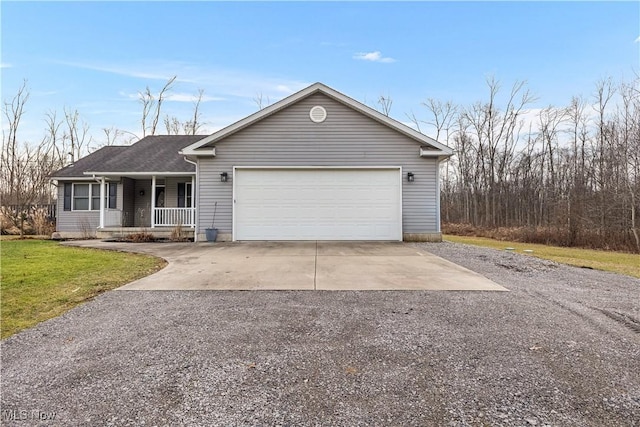 ranch-style house with a porch, a garage, and a front lawn