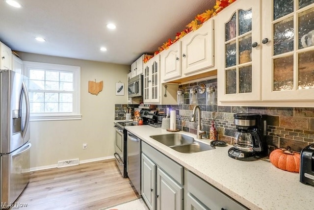 kitchen with appliances with stainless steel finishes, light wood-type flooring, backsplash, sink, and white cabinetry