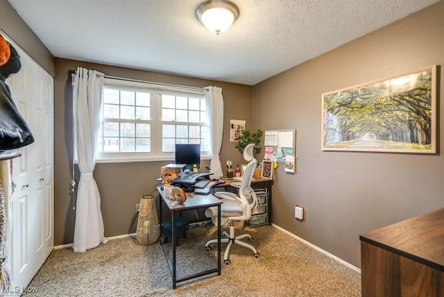 carpeted office space with a textured ceiling