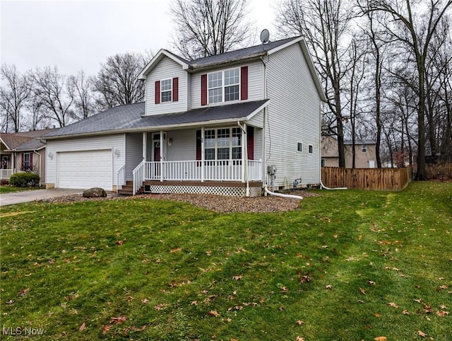 view of front property with a porch, a garage, and a front lawn