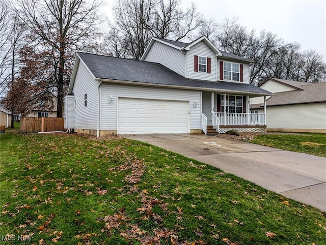 front facade with a front lawn, covered porch, and a garage