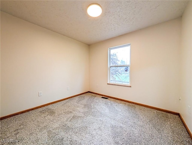 unfurnished room with carpet and a textured ceiling