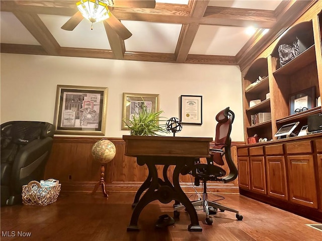 miscellaneous room with beam ceiling, built in shelves, coffered ceiling, wood-type flooring, and wooden walls