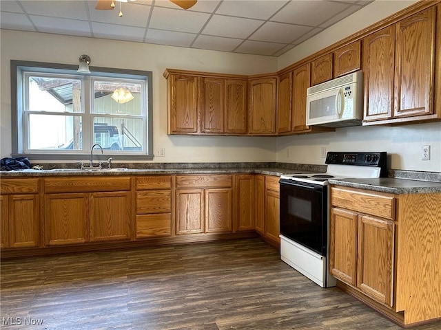 kitchen with white appliances, dark hardwood / wood-style floors, a paneled ceiling, and sink