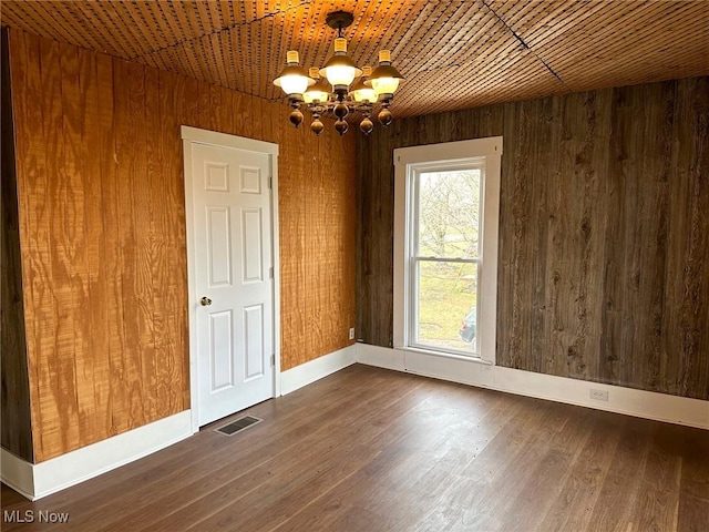 empty room with wood ceiling, wooden walls, dark wood-type flooring, and a chandelier