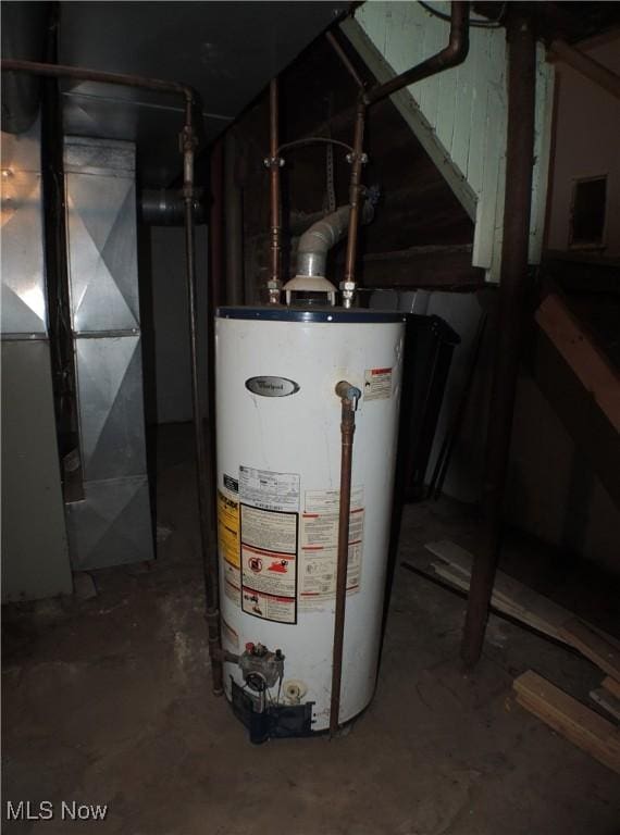 utility room featuring heating unit and water heater