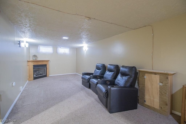 cinema with carpet flooring and a textured ceiling