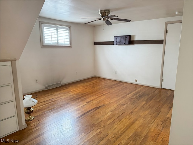 spare room with light hardwood / wood-style floors and ceiling fan