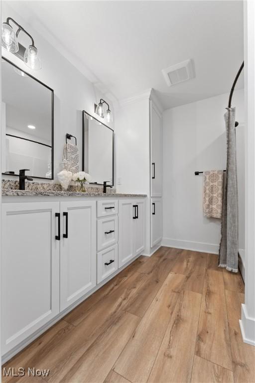 bathroom with hardwood / wood-style floors and vanity