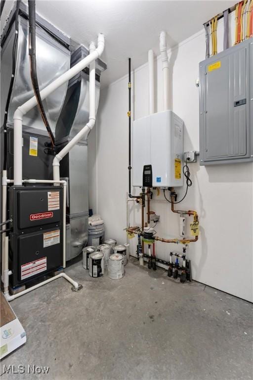 utility room featuring electric panel, heating unit, and tankless water heater