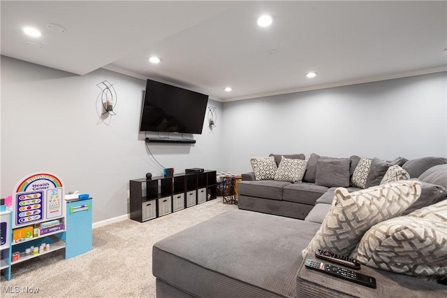 living room with carpet floors and ornamental molding