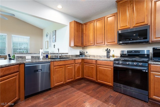 kitchen with dark hardwood / wood-style floors, sink, stainless steel appliances, and vaulted ceiling