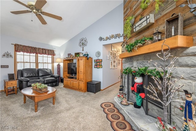 living room featuring carpet, ceiling fan, and high vaulted ceiling