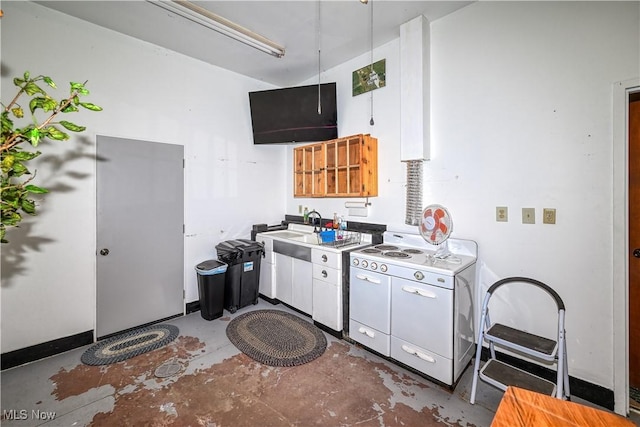 kitchen featuring white range with electric cooktop, white cabinetry, sink, and concrete floors