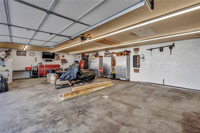 garage with white fridge