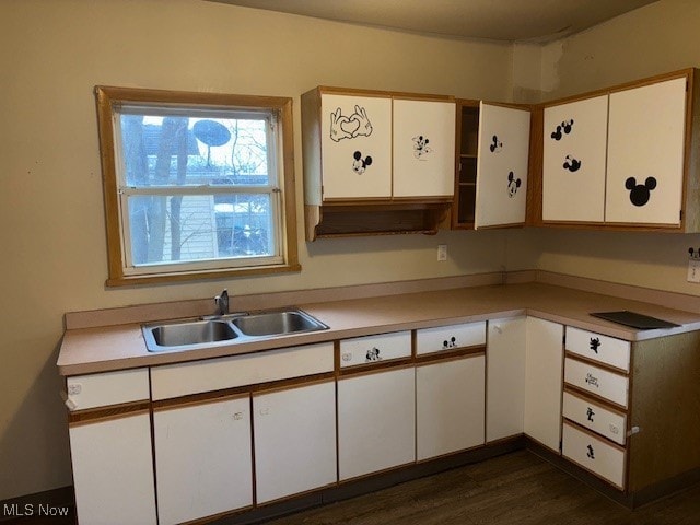 kitchen with dark hardwood / wood-style floors, white cabinetry, and sink