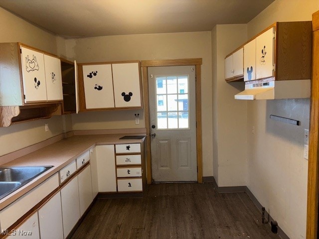 kitchen featuring white cabinets, dark hardwood / wood-style flooring, and sink