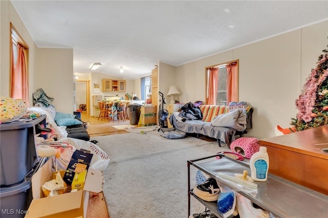 living room featuring crown molding and lofted ceiling