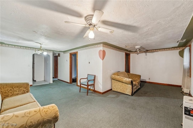 interior space with carpet flooring, heating unit, and a textured ceiling