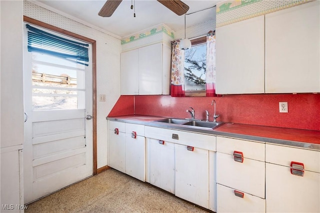 kitchen with tasteful backsplash, ornamental molding, ceiling fan, sink, and white cabinetry