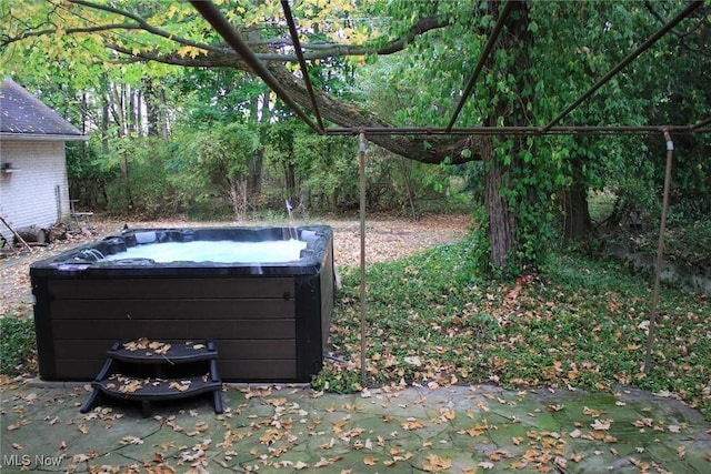 view of yard with a hot tub