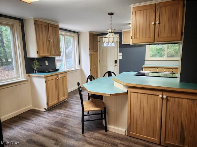 kitchen featuring pendant lighting, black electric stovetop, dark hardwood / wood-style floors, a kitchen bar, and kitchen peninsula