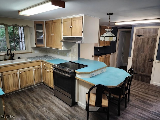 kitchen with backsplash, dark wood-type flooring, sink, black range with electric cooktop, and decorative light fixtures