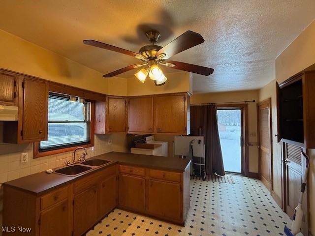 kitchen with a textured ceiling, ceiling fan, and sink