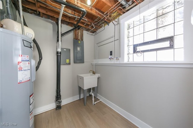 interior space with electric panel, water heater, plenty of natural light, and wood-type flooring