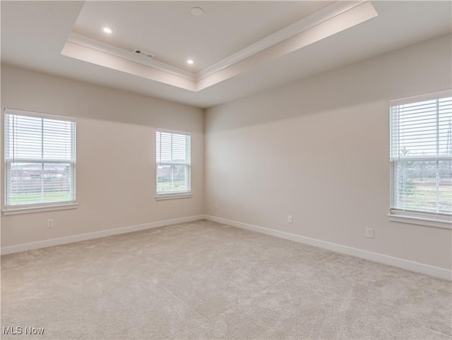 carpeted empty room featuring crown molding and a tray ceiling