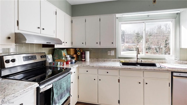 kitchen with white cabinetry, sink, dishwashing machine, decorative backsplash, and stainless steel range with electric cooktop