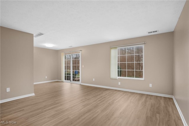 spare room featuring light wood-type flooring, a textured ceiling, and a wealth of natural light