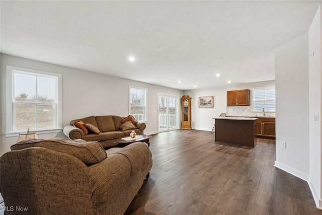 living room featuring dark hardwood / wood-style floors, sink, and a wealth of natural light