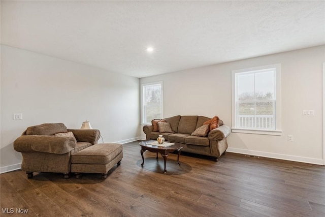 living room with dark hardwood / wood-style flooring