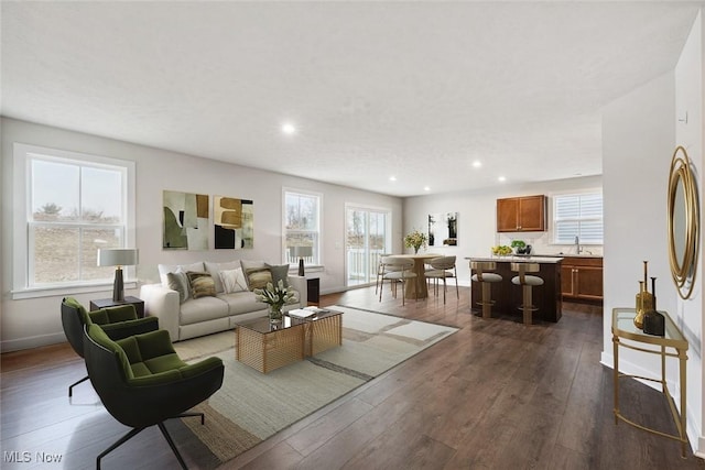 living room featuring dark hardwood / wood-style flooring, plenty of natural light, and sink