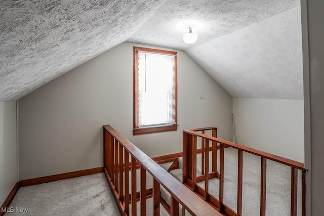 additional living space with light colored carpet, a textured ceiling, and vaulted ceiling