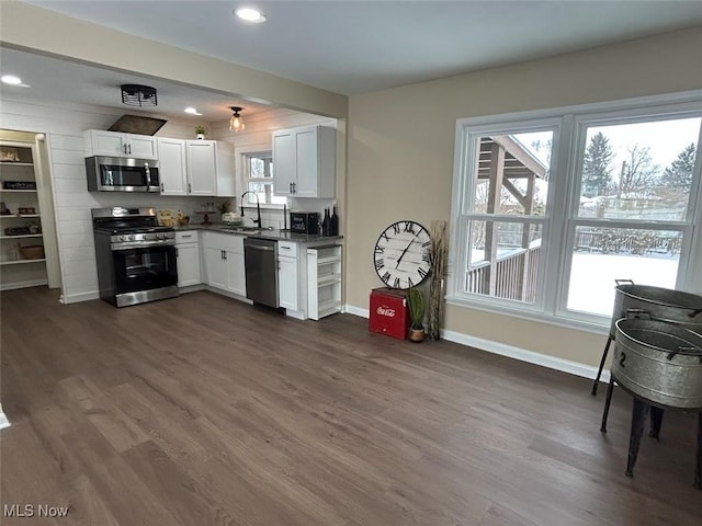 kitchen featuring a wealth of natural light, stainless steel appliances, dark wood-type flooring, sink, and white cabinets