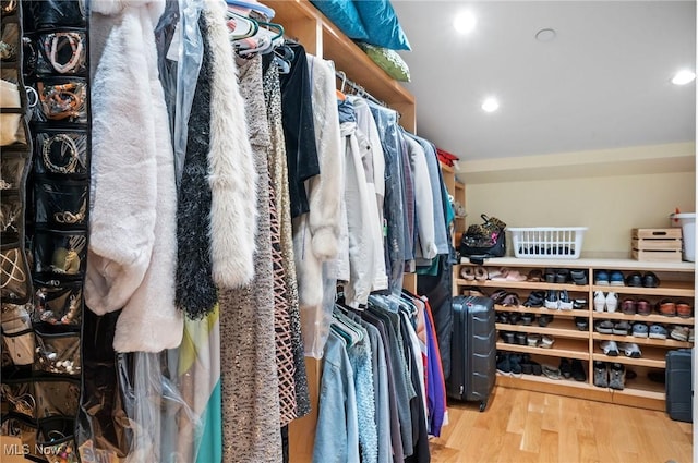 walk in closet with hardwood / wood-style floors