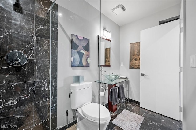 bathroom featuring a shower, vanity, and toilet