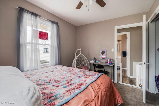 bedroom featuring carpet and ceiling fan