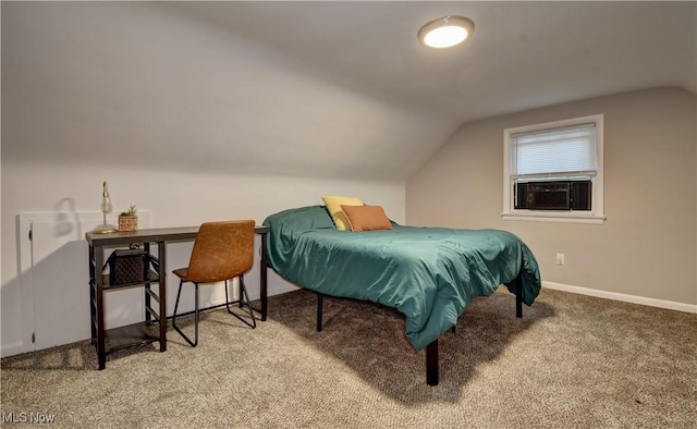 carpeted bedroom featuring cooling unit and lofted ceiling