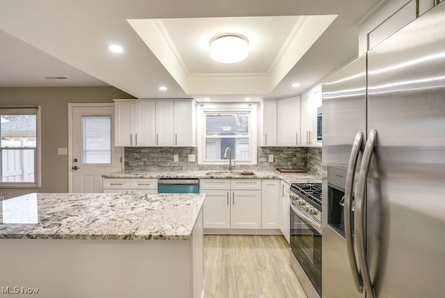 kitchen featuring light stone counters, stainless steel appliances, a raised ceiling, sink, and white cabinetry